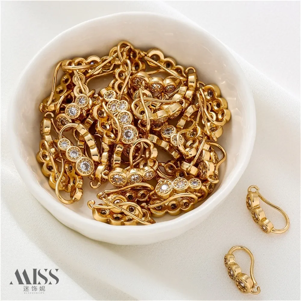 14K الذهب الحقيقي يرتدي النحاس مع ثلاثة حلقات الزركون، والأقراط المصنوعة يدويا DIY، والإكسسوارات والمواد