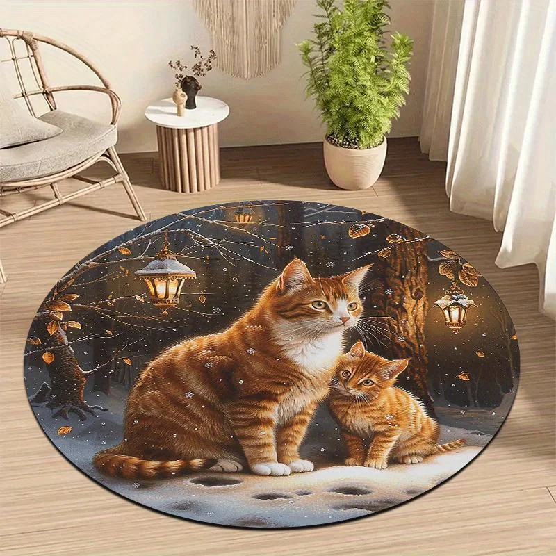 Round Polyester Cat Pet Rug Mat for Home Decor Whimsical Kitten Mother Pair Living Room Area Carpet Multi-Season Cozy Soft Desig