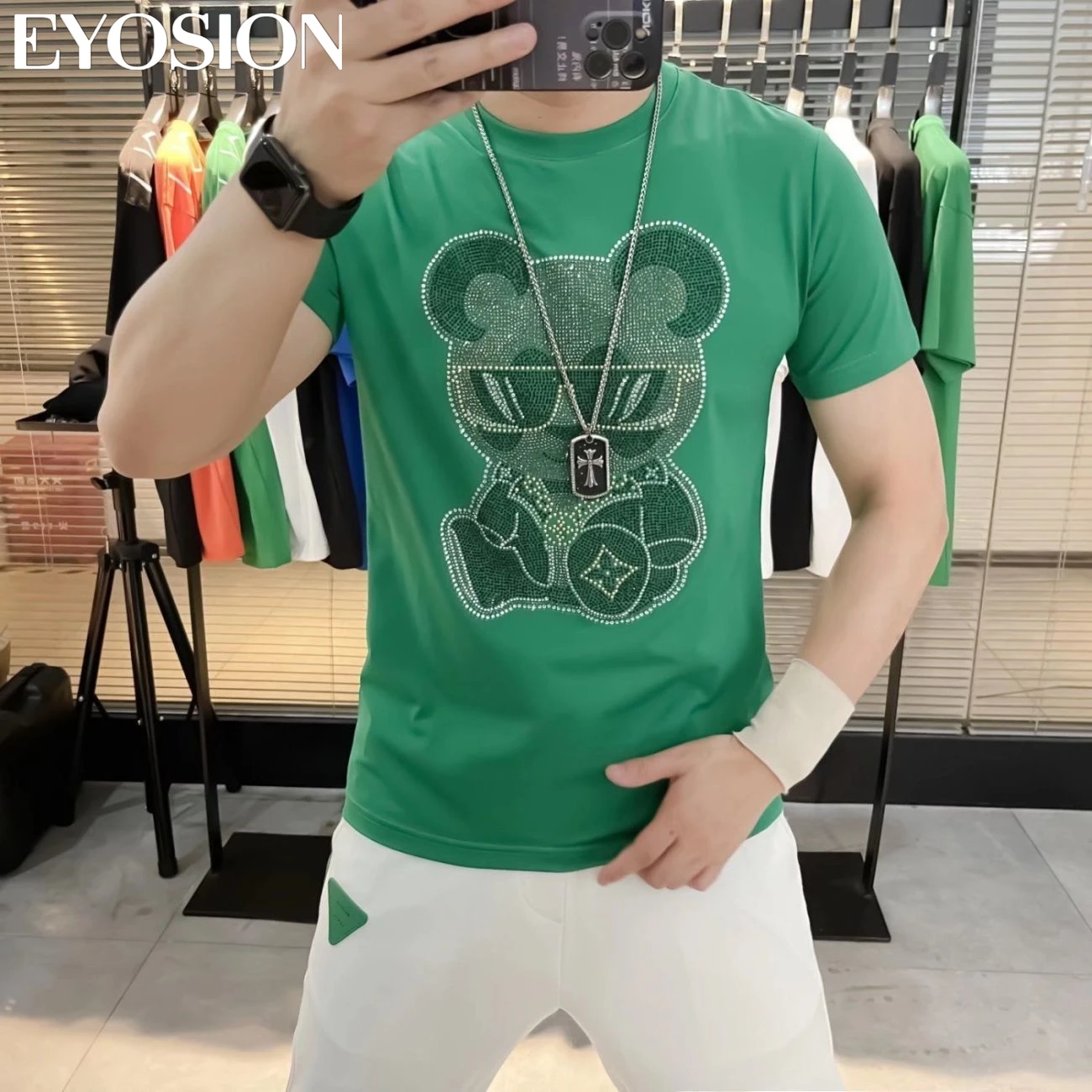 T-Shirt Men's New Summer Design Diamond Cartoon Bear Hot Drills Harajuku Sweatshirt Casual Cotton O-Neck Tops Short Sleeve Tee