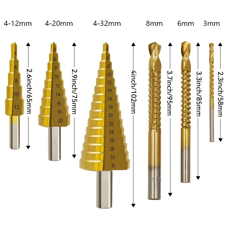 6Pcs Step Drill Bit Saw Drill Bit Set Titanium Milling Cutter 4-12 4-20 4-32mm 3 6 8mm For Woodworking Metal Core Hole Opener