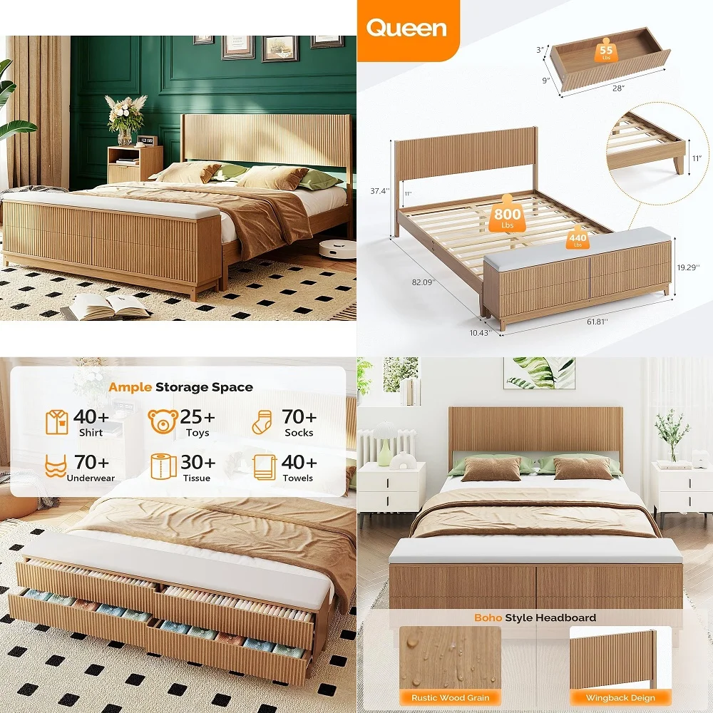 

Fluted Queen Bed Frame with Wingback Headboard and Footboard Storage Bench, Boho Solid Wood Platform Panel Bed with 4 Drawers D