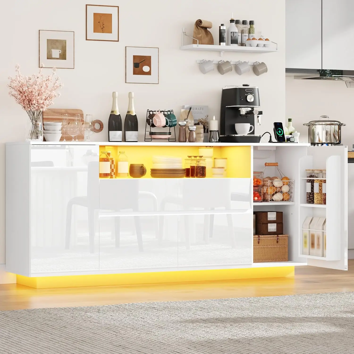 70 Inch Sideboard Cabinet With Storage, Power Outlets & LED Light, Coffee Bar With 2 Drawers & Door Shelves , Customized