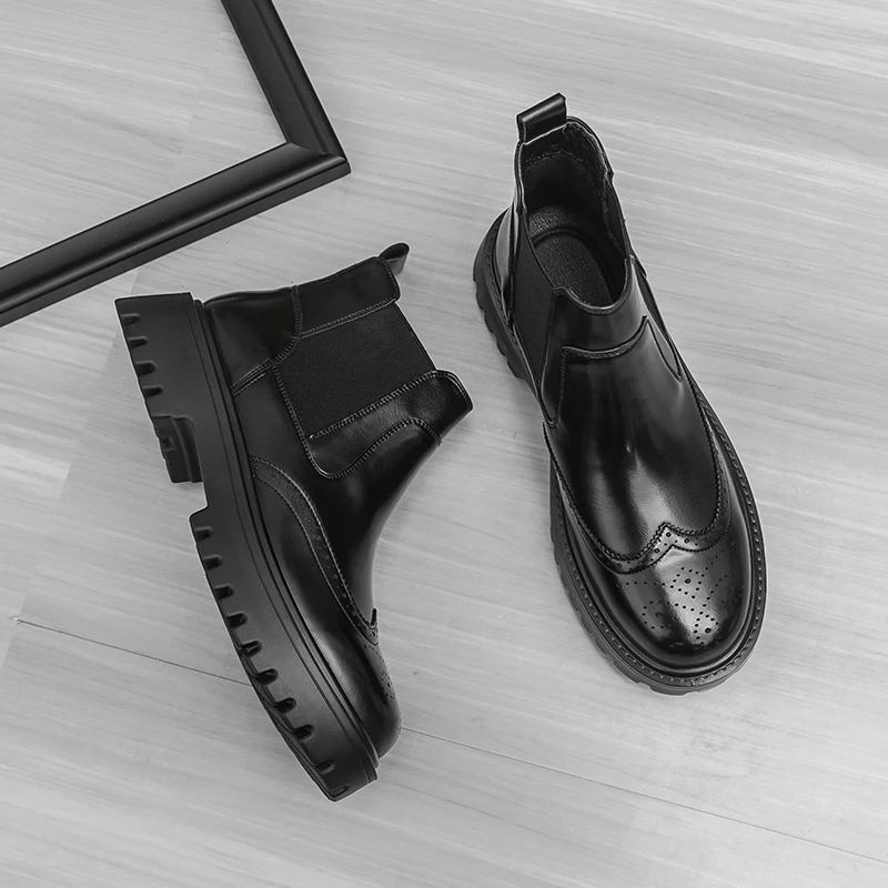 Zimowe retro męskie botki Chelsea podwyższające wzrost, męskie casualowe ultralekkie botki na grubej podeszwie, wysokie buty biznesowe, buty robocze outdoorowe.