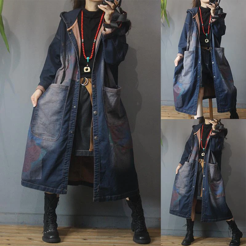 Spring Autumn New Arts Style Women Single Breasted Vintage Print  Hooded Trench Big Double Pocket Cotton Denim Long Coat C238