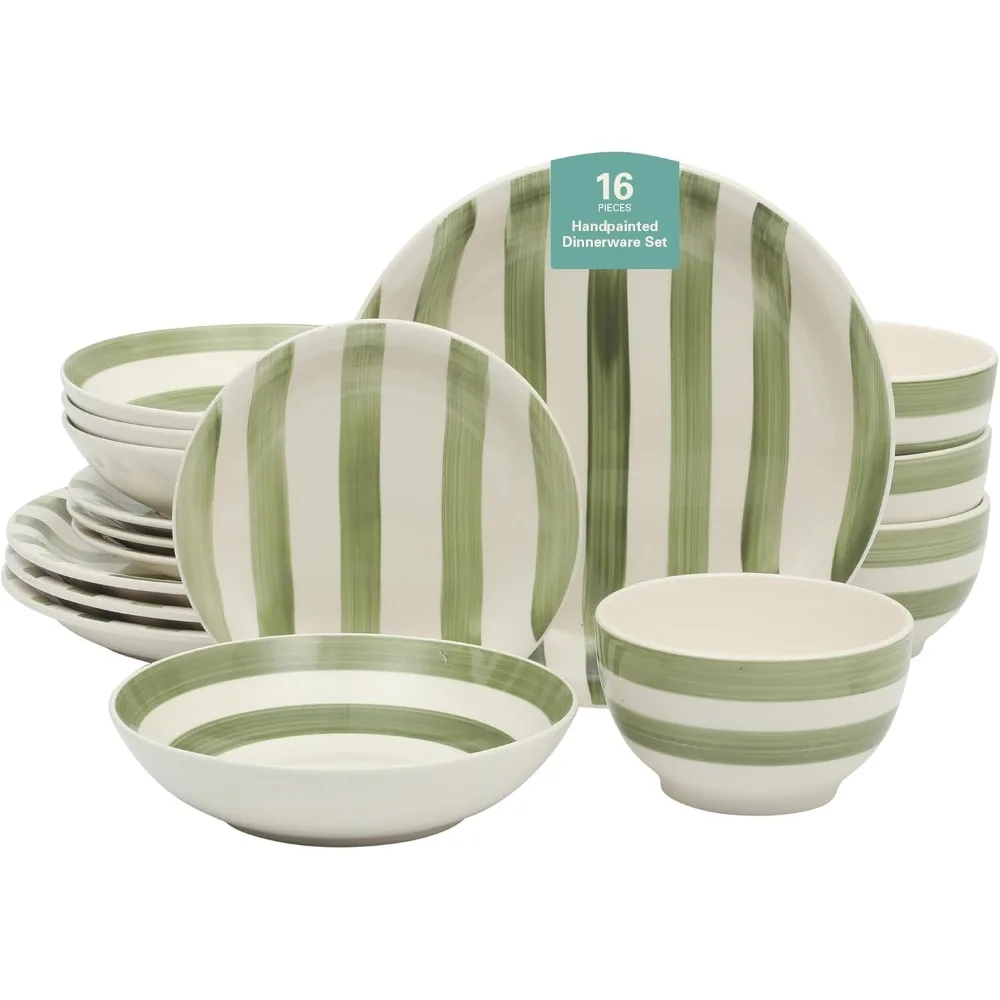 

Gibson Home Kenwood Shores 16 Piece Dinnerware Set, Green Striped, Hand-Painted Stoneware, Plates and Bowls, Service for 4, Micr