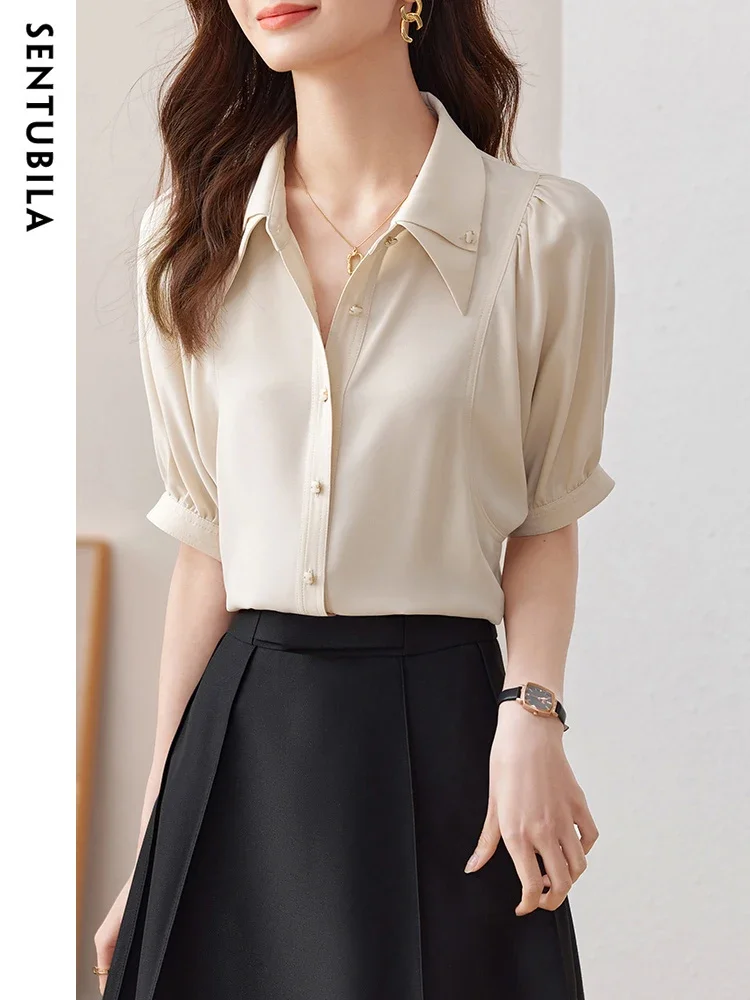 

SENTUBILA Elegant Women Chiffon Blouse 2025 spring Office Lady Turn-down Collar Short Sleeve Shirt Commute Wear shirt Q32C48636