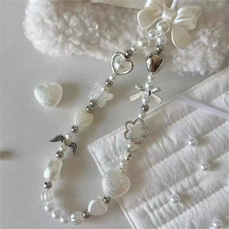 Korean Cute White Bow Love Heart Pearl Phone Chain For iPhone Samsung Camera Lanyard Universal Accessories Jewelry Pendant