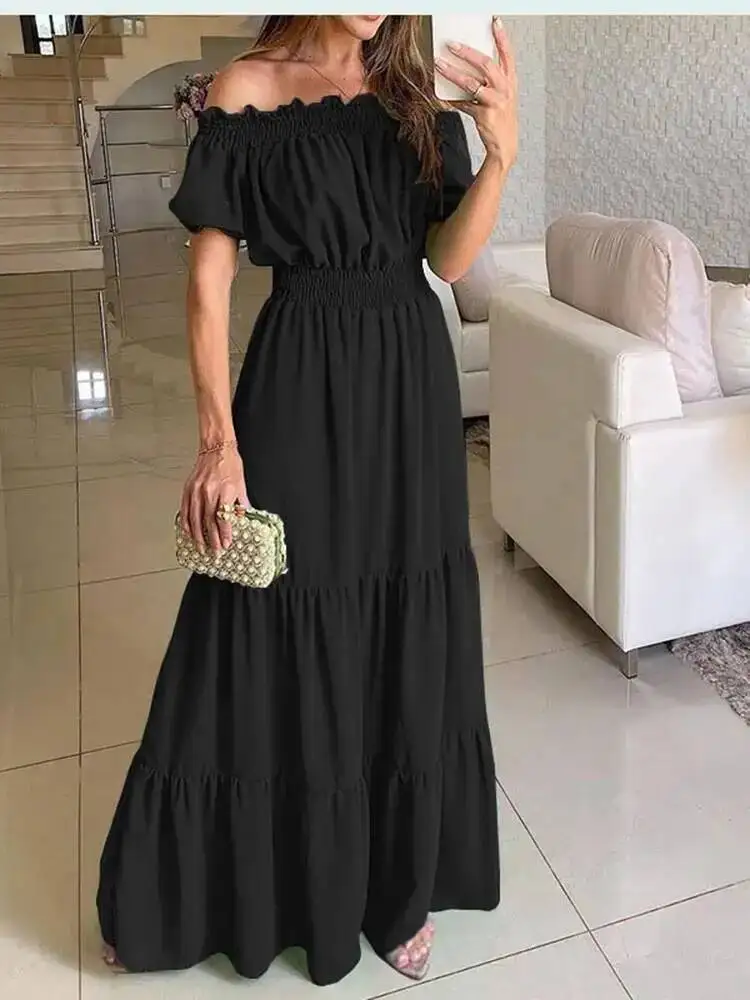 Letnia sukienka damska w stylu boho na lato 2026, elegancka sukienka plażowa na imprezę, codzienna sukienka maxi z dekoltem typu slash neck do biura, sukienka damska Robe Femme LD5A