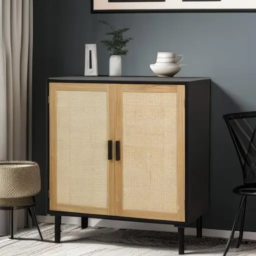 Finnhomy Sideboard Buffet Cabinet, Kitchen Storage Cabinet With Rattan Decorated Doors, Accent Liquor Cabinet For Bar, Dining