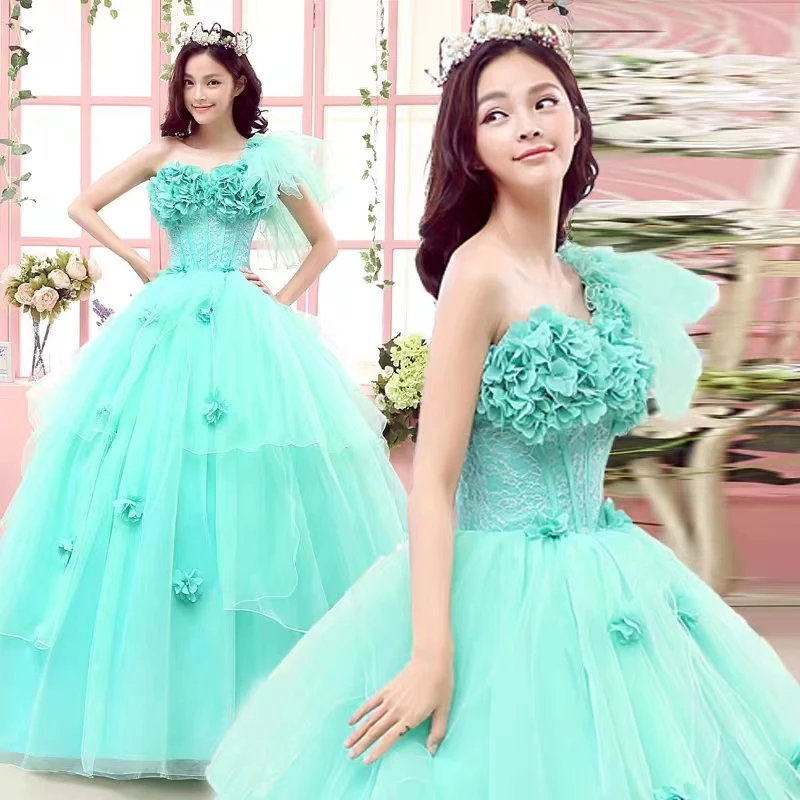 Vestido de baile verde menta para 15 anos, vestido quinceanera com flores 3D, um ombro, até o chão, vestido de festa, 2024