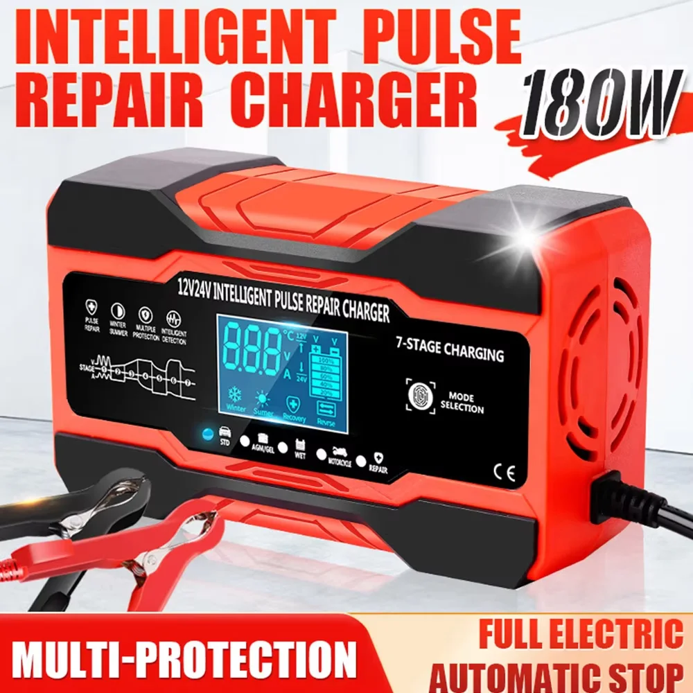 

Full Auto Motorcycle Car Battery Charger 10A 12V 24V Pulse Repair ICD Display Smart Fast Charge Deep Cycle GEL Lead-Acid Charge