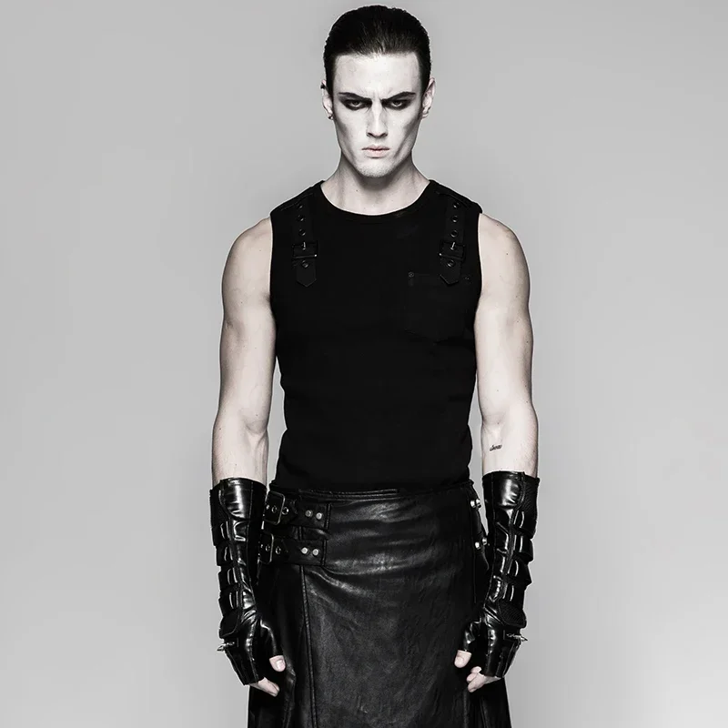 Gants longs pour hommes, PUNK RAVE Steampunk, noirs, à la mode gothique, Rivets Rock, maille + PU, revêtement en cuir, une paire