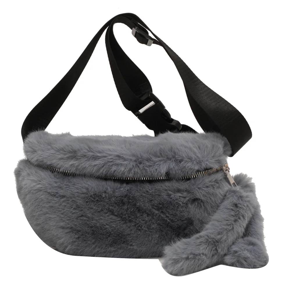 Women Fluffy Crossbody Bag Casual Soft Satchel Bag Versatile Furry Waist Pack Zipper Adjustable Strap Fall Winter Purse