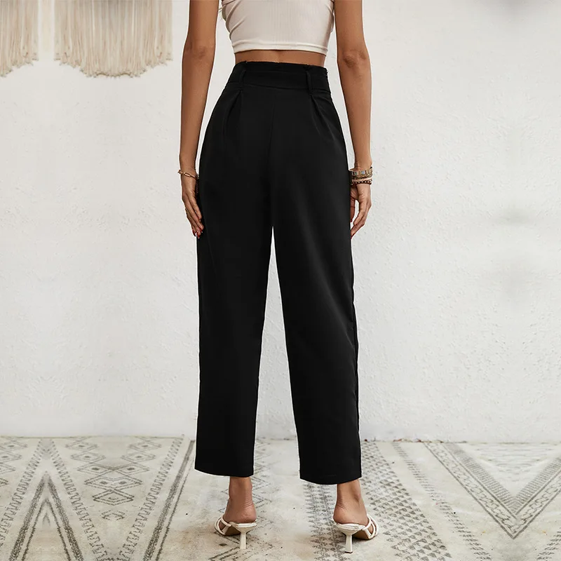 

2025 New High Waist Long Pants for Women with Belt Commuter Sle Nine Points Cotton Trousers Ele Personali