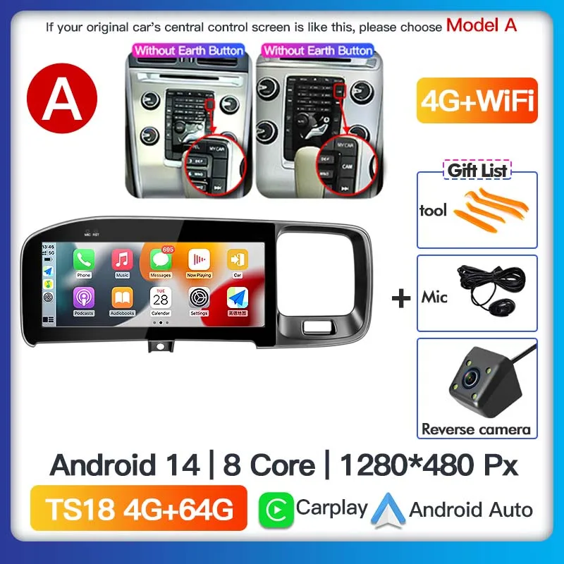 Android 14 Carplay Auto Radio GPS Multimedia Speler Voor Volvo S60 V60 2011-2019 Stereo Head Unit Originele auto stijl scherm