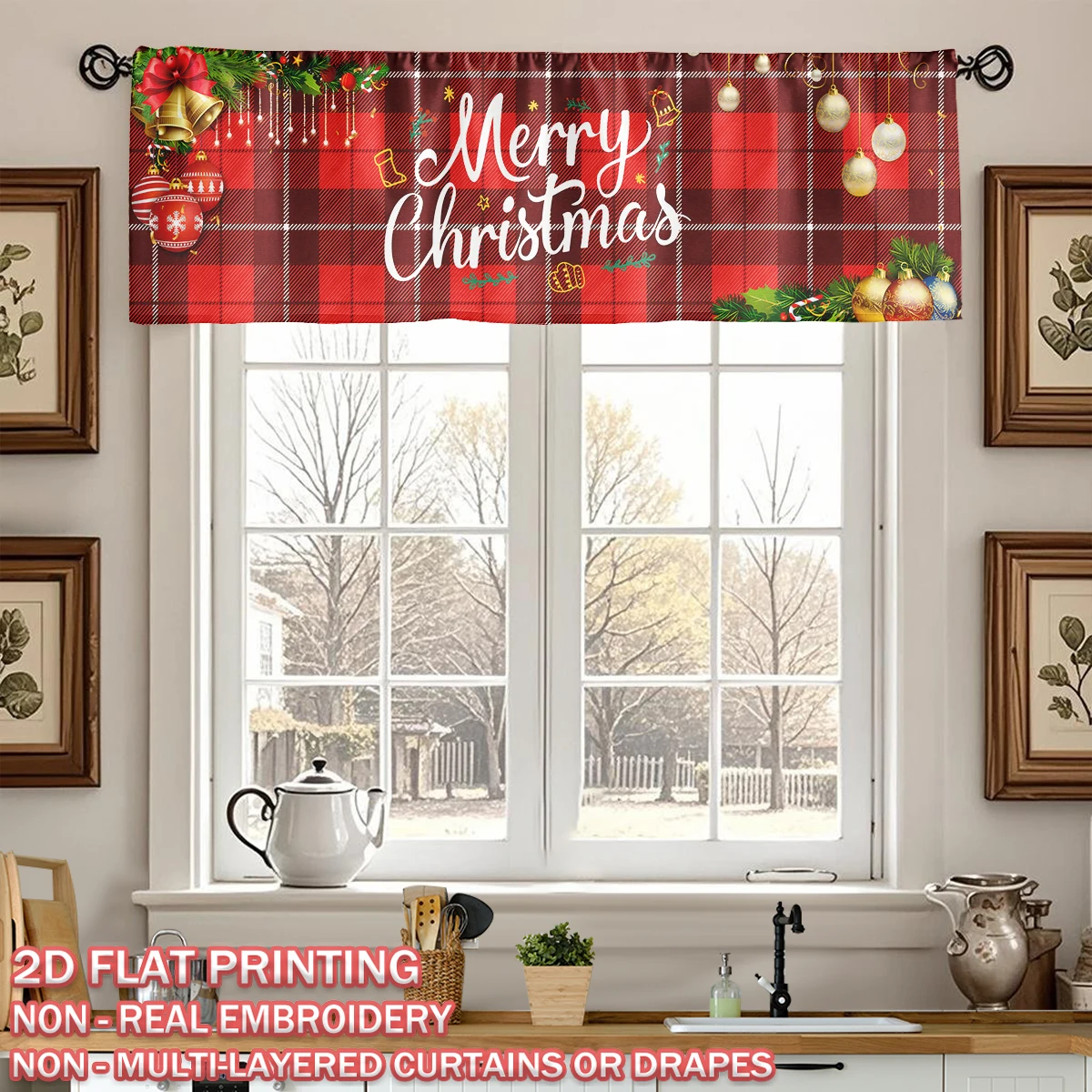 Christmas Flat Printing Kitchen Window Valance With Merry Christmas Tartan Bell Ornament Balls for Home Party Door Window Decor