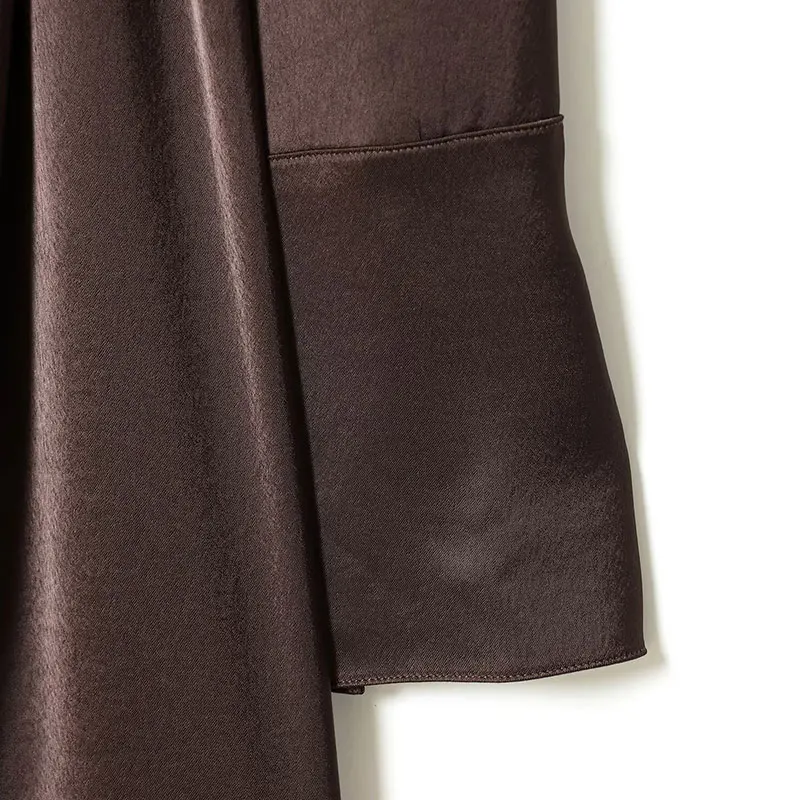 NLZGMSJ 2026 봄 파티 드레스 여성 긴 소매 스카프 칼라 미니 드레스 패션 섹시 새틴 브라운 벨트 드레스