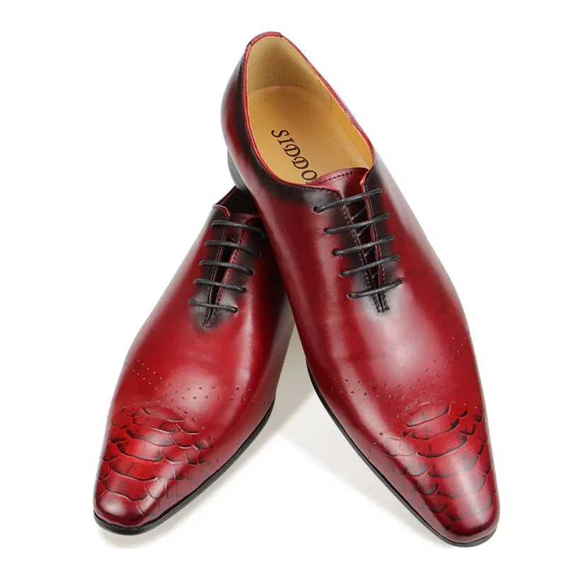 Vintage Formal Oxford Cow Leather Dress Shoes Fashion Men\'s Lace Up Elegant Business Wedding Pointed Toe Office Color Red Black