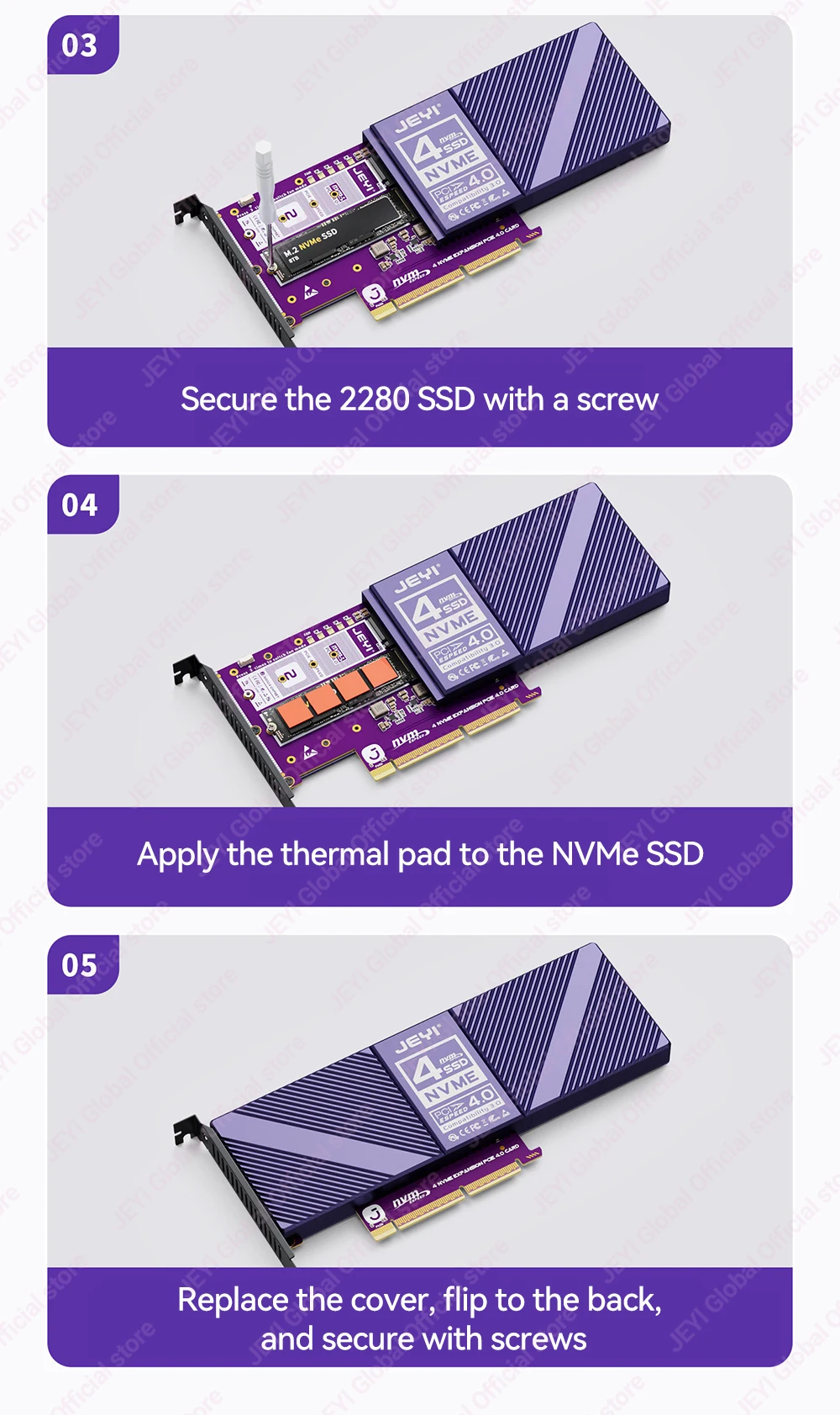 JEYI 4*NVMe SSD zu PCIe Adapter Nicht-Bifurkations-Mainboard-Adapter mit RAID 0 1 5 JBOD Unterstützung, max. 128 Gbit/s PCIe X8/X16 Port mit PWM-Lüfter – Detail 14