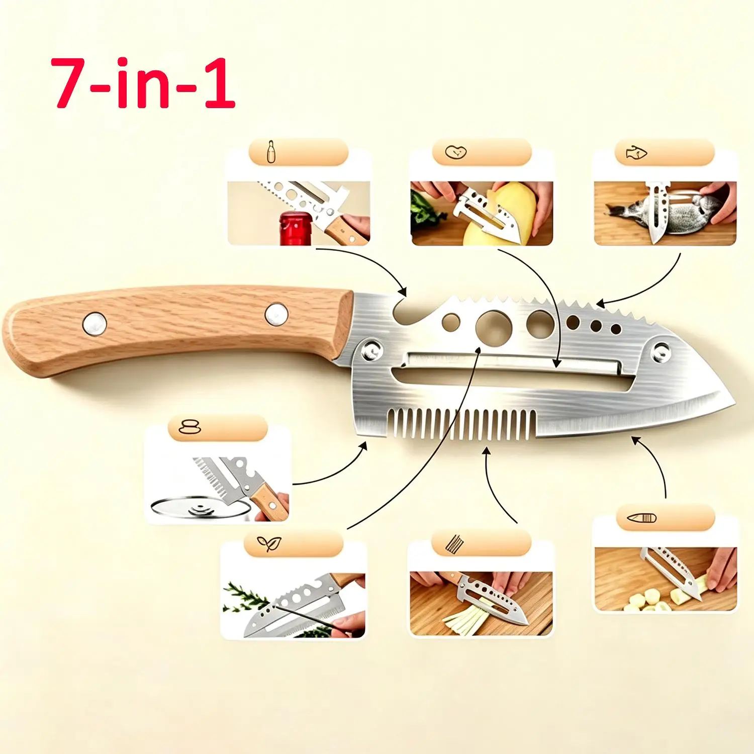 Utility Peeler Cutter Slicer  7-in-1 Fruit Vegetable Shredder Chopper Peeling Knife Bottle Can Opener Fish Scaler Kitchen Gadget