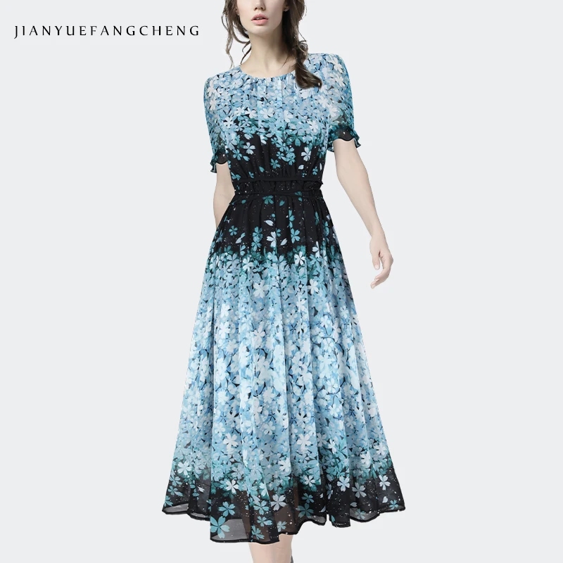 Vestido largo de gasa con estampado Floral azul para mujer, traje de manga corta con cuello redondo, cintura alta, elegante e informal para fiesta de verano