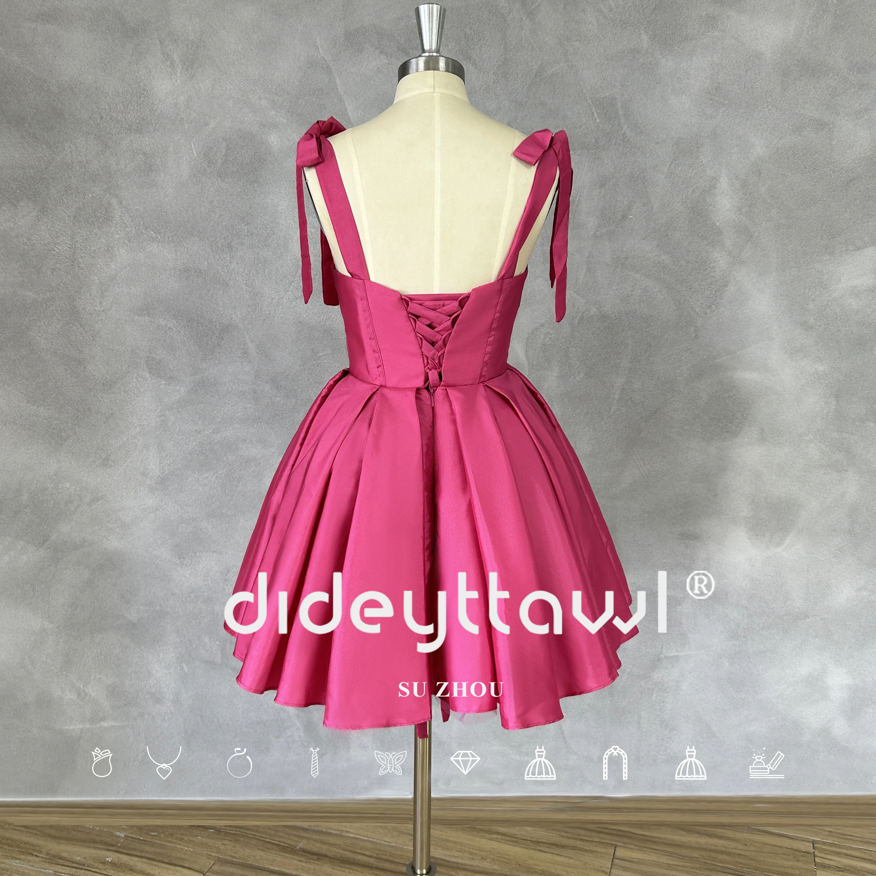 DIDEYTTAWL Real Photos Pink Sweetheart Satin Mini A-Line Prom Dress Pleats Sleeveless Sheath Lace Up Back Short Evening Gown