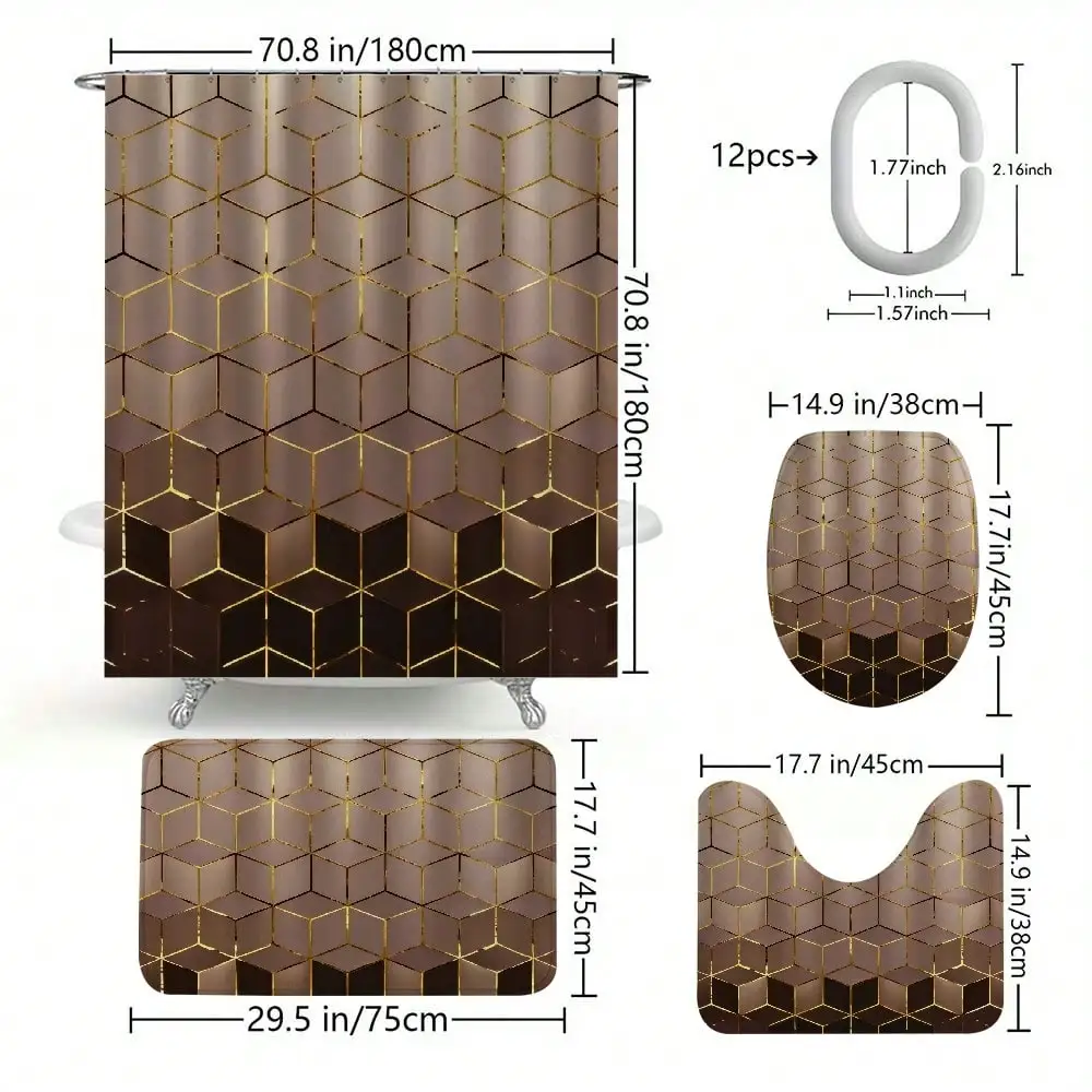 1PC/4PCS Gold Geometric Hexagon Bathroom Set, Waterproof Shower Curtain With 12 Hooks + Non-Slip Bath Mat + U-Shaped Floor Mat + Round Toilet Lid Cover, Modern Luxury Home Decor  sh260326111655463101263