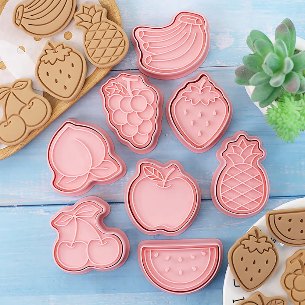 

8Pcs/set Cute Fruit Cartoon Cookie Cutters Plastic Pressable Biscuit Mold Fondant Cookie Stamp Kitchen Pastry Baking Tools