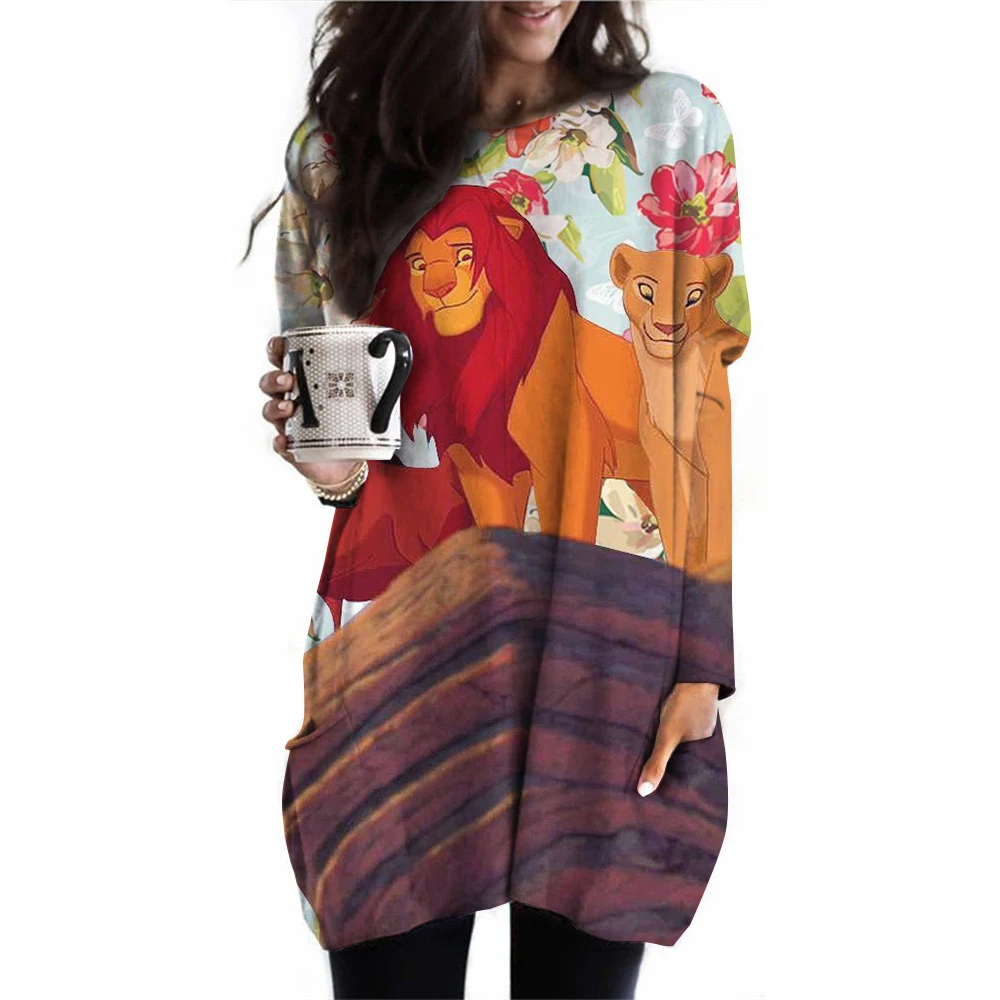 2024 Spring/Autumn Long Sleeve T-shirt Disney Lion King Printed Women\'s Top Women\'s Cartoon Printed Pocket T-shirt