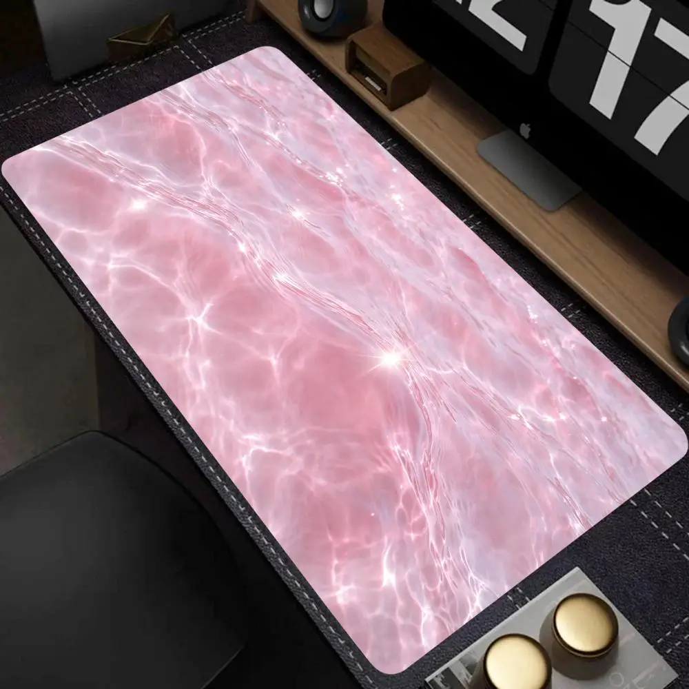 Large Extended Mouse Pad Pink Water Ripple Texture Desk Mat Non‑Slip Rubber Base Gaming Keyboard Pad for Home Office