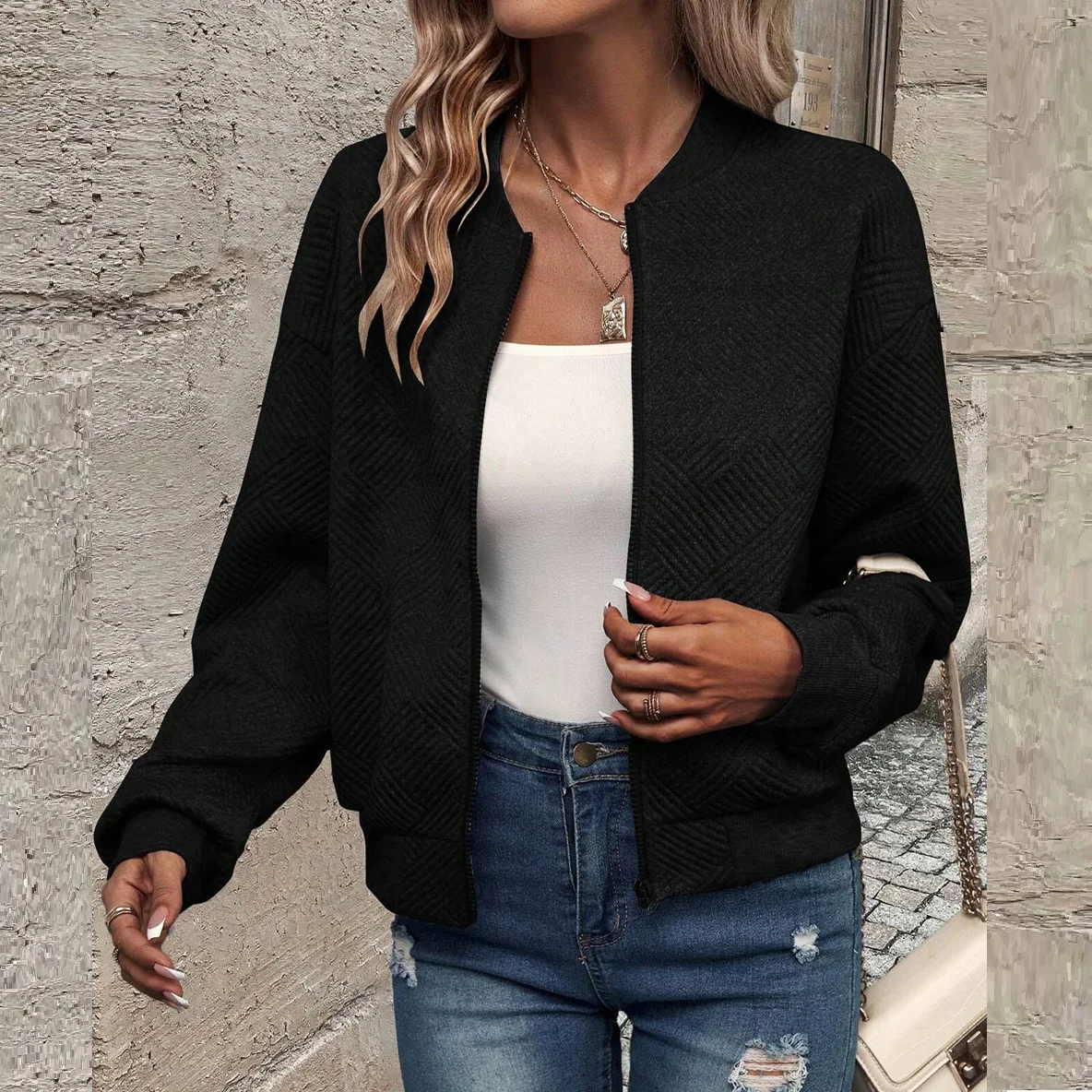 Damen Herbst- und Winterjacke, Neu, Einfarbig, Schlicht und Exquisit, mit Reißverschluss, Baseballkragen, Lässige Jacke – Detail 6