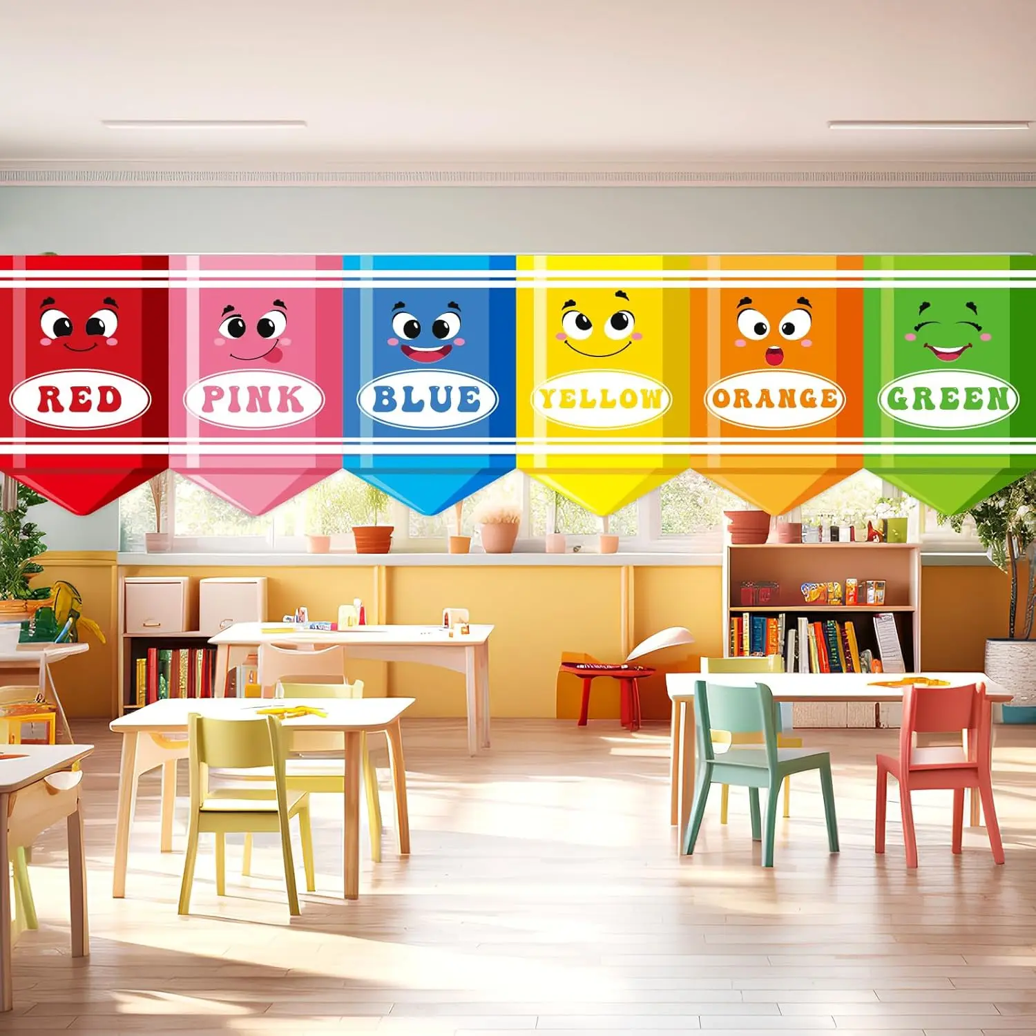 New Style 6Pcs School Classroom Crayon Curtains Kid Teacher Kindergarten Preschool Daycare Bedroom Playroom Decoration Suppliesl