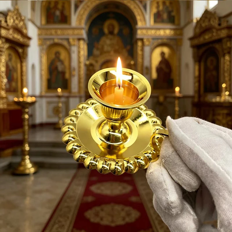 New 2026Gold Plated Orthodox Hanging Vigil Lamp Candle Holder with Decorative Rim for Christian Church Altar Prayer and Blessing