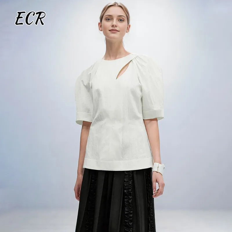 ECR Minimalist Solid T Shirts For Women Round Neck Short Sleeve Casual Loose Hollow Out Summer Shirts Female Fashion Clothing