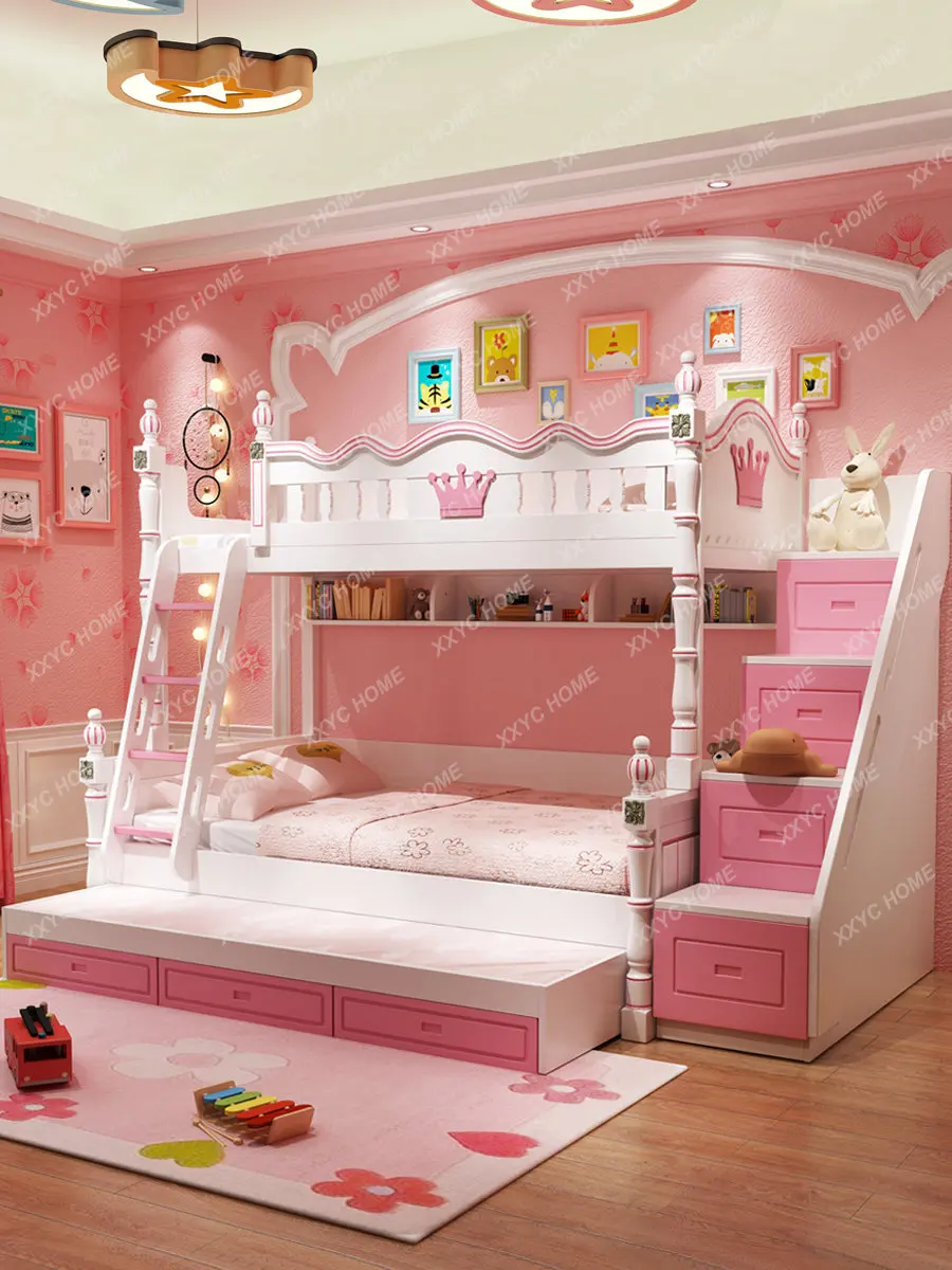 Height-Adjustable Bed Girl Princess Bed Solid Wood Slide Double Bed Upper and Lower Bunk Wooden Bed Children's Bunk Bed