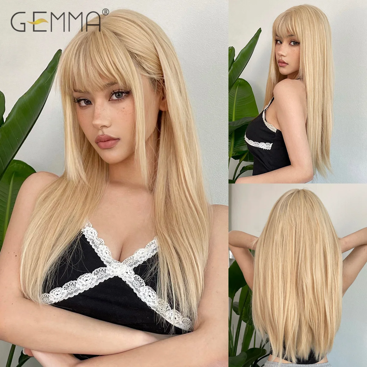 GEMMA Synthetic Light Blonde Long Straight Wig with Bangs Natural Cosplay Hair Wigs for White Women Heat Resistant Fake Hair