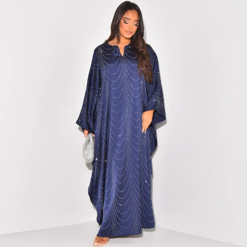 Summer Spring Women's Clothing Modest Loose Fit Rhinestone Abaya Woman Dubai Long Dress For Woman Polyester Batwing Sleeve