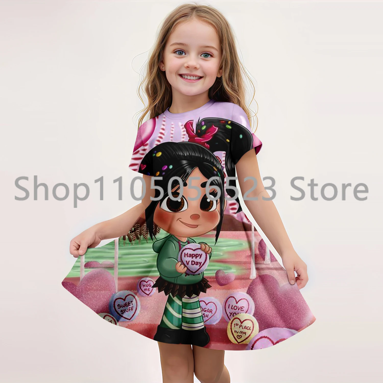 

2025 Summer New Children's Clothing 3D Printed Princess Wreck-it Ralph Short-Sleeved Dress 7-13 Years Kids Performance Clothing
