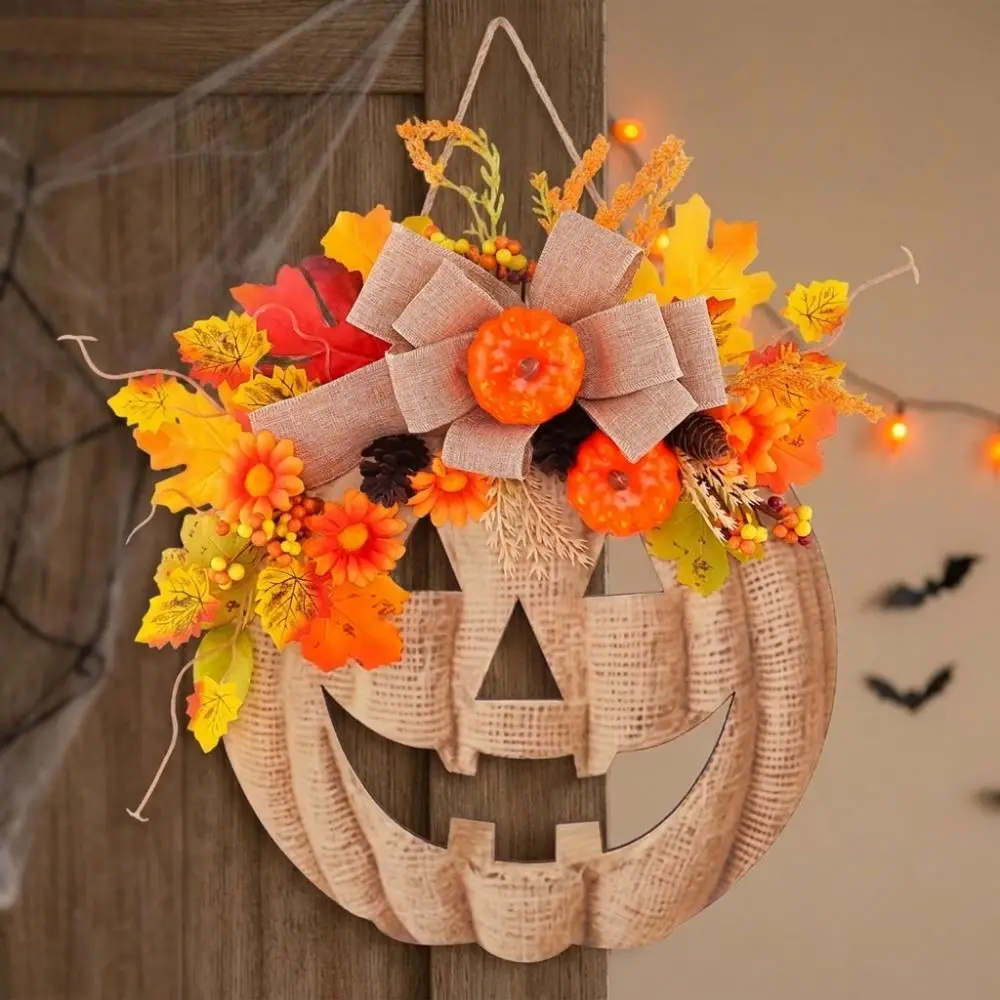 Rustic Halloween Wooden Pumpkin Door Hanger Thick Board with Bow Artificial Fall Pumpkin Floral Wreath Vintage Anti-Deformation