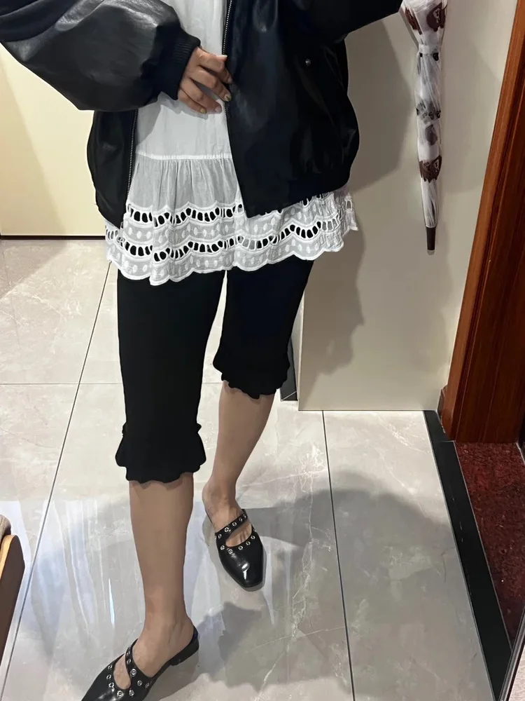 Cintura alta confortável elástico renda guarnição design calças de cinco quartos japonês sle meninas casual solto ajuste queimado calças