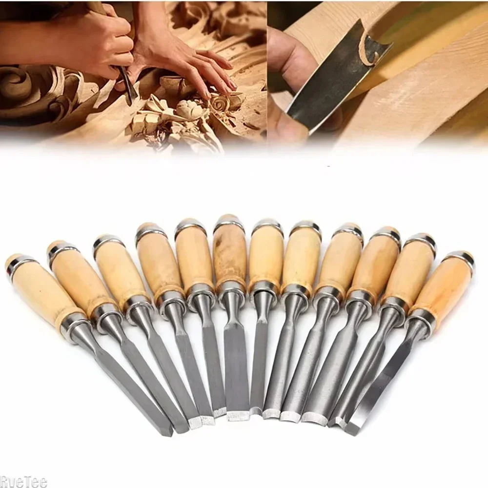 HSS 60HRC Wood Carving Hand Chisel 12PCS Set Lathe Knife DIY Turning Woodworking Professional Gouges Woodcraft Carpentry Tools