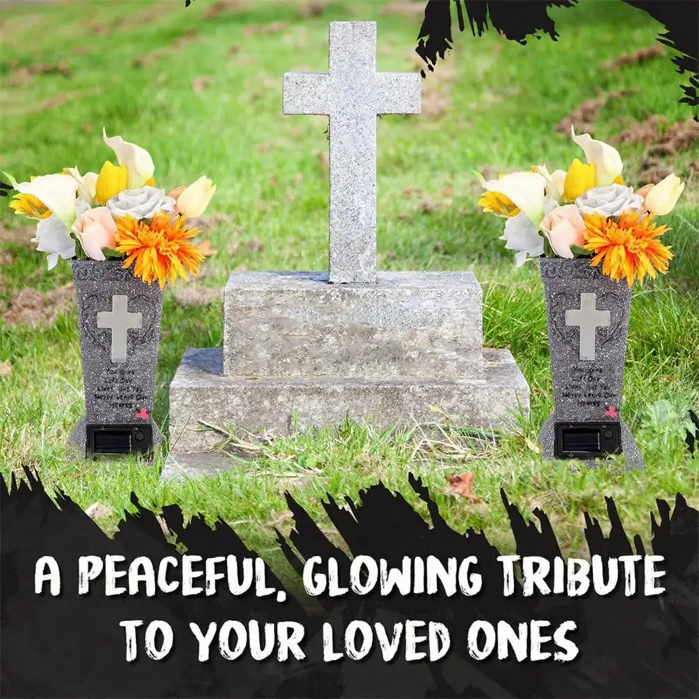 Solar Cemetery Vase with LED Outdoor Condolence Gift with Spikes Cemetery Decorations for Grave Gravestone Decor