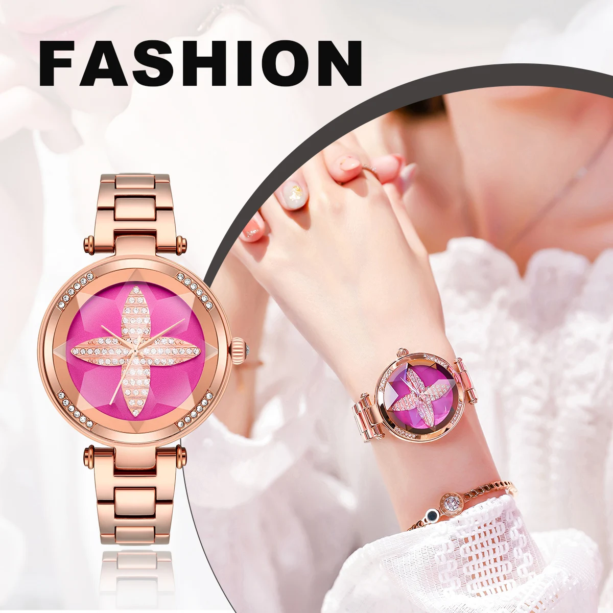 READ Ladies Analog Wristwatch | Vivid Pink 3D Star Embossed Dial | Rose Gold Steel Band | Daily Waterproof Elegant Wristwatch