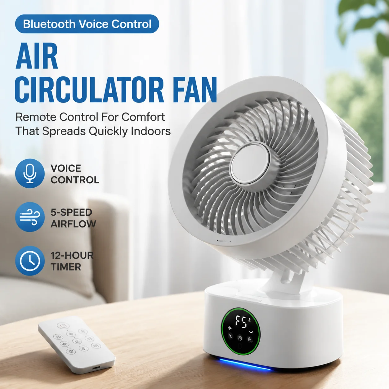 Smart Voice Control Desktop Fan with Remote Rechargeable USB Nightlight Portable Wall-Hanging Fan Household Air Cooler