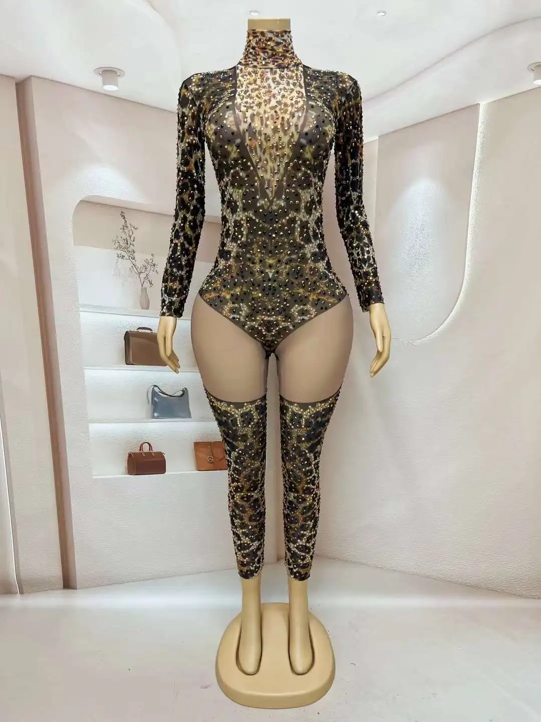 Sexy Leopard Tight Jumpsuit Elastic Long Rhinestones Sleeve Printed Leotard Women Singer Dancer Stage Performance Dance Costume