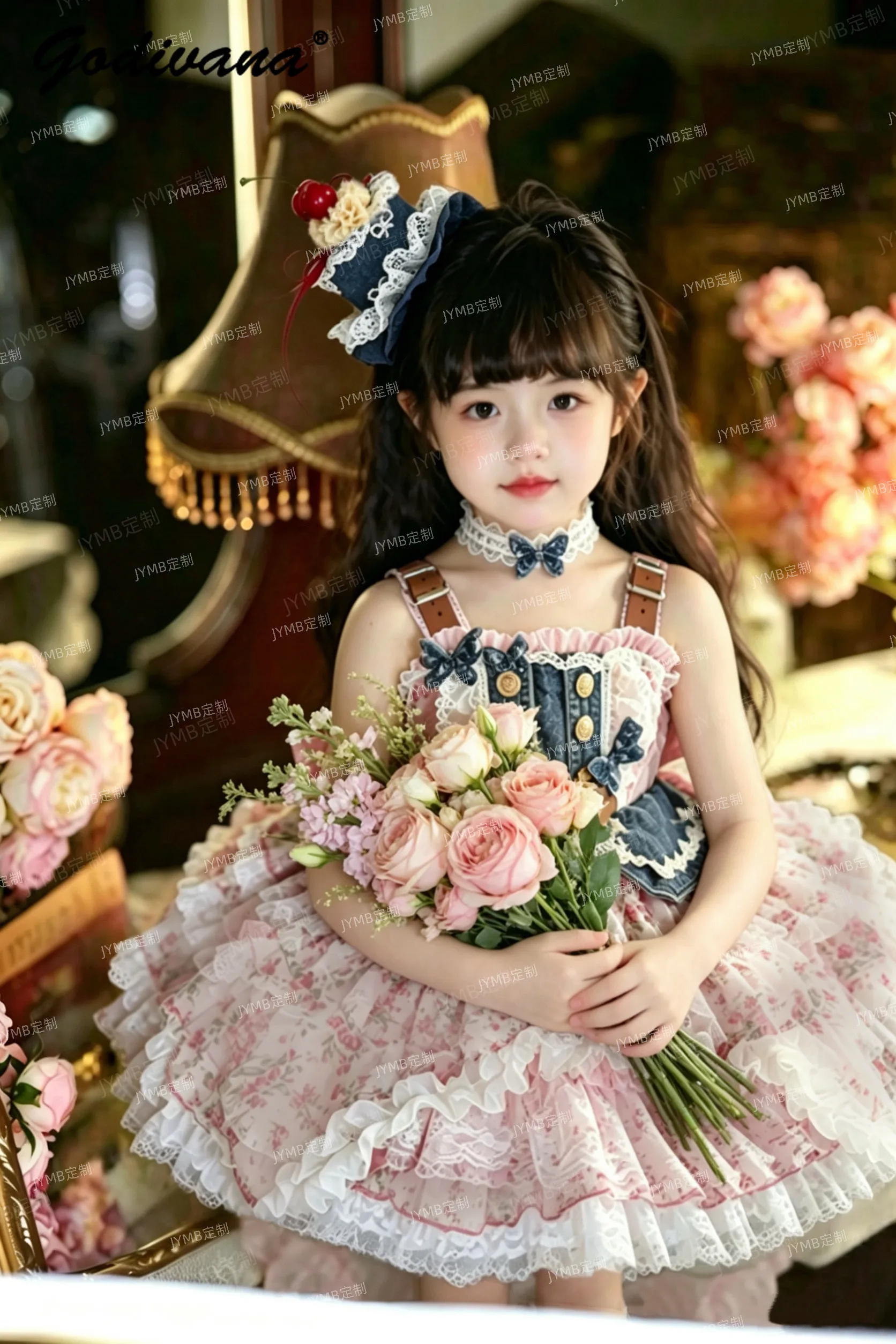 Original Sweet Baby High End Handmade Spanish Court Vintage Princess Lolita Dress Kids Summer Denim Mesh Lace Floral Ball Gown