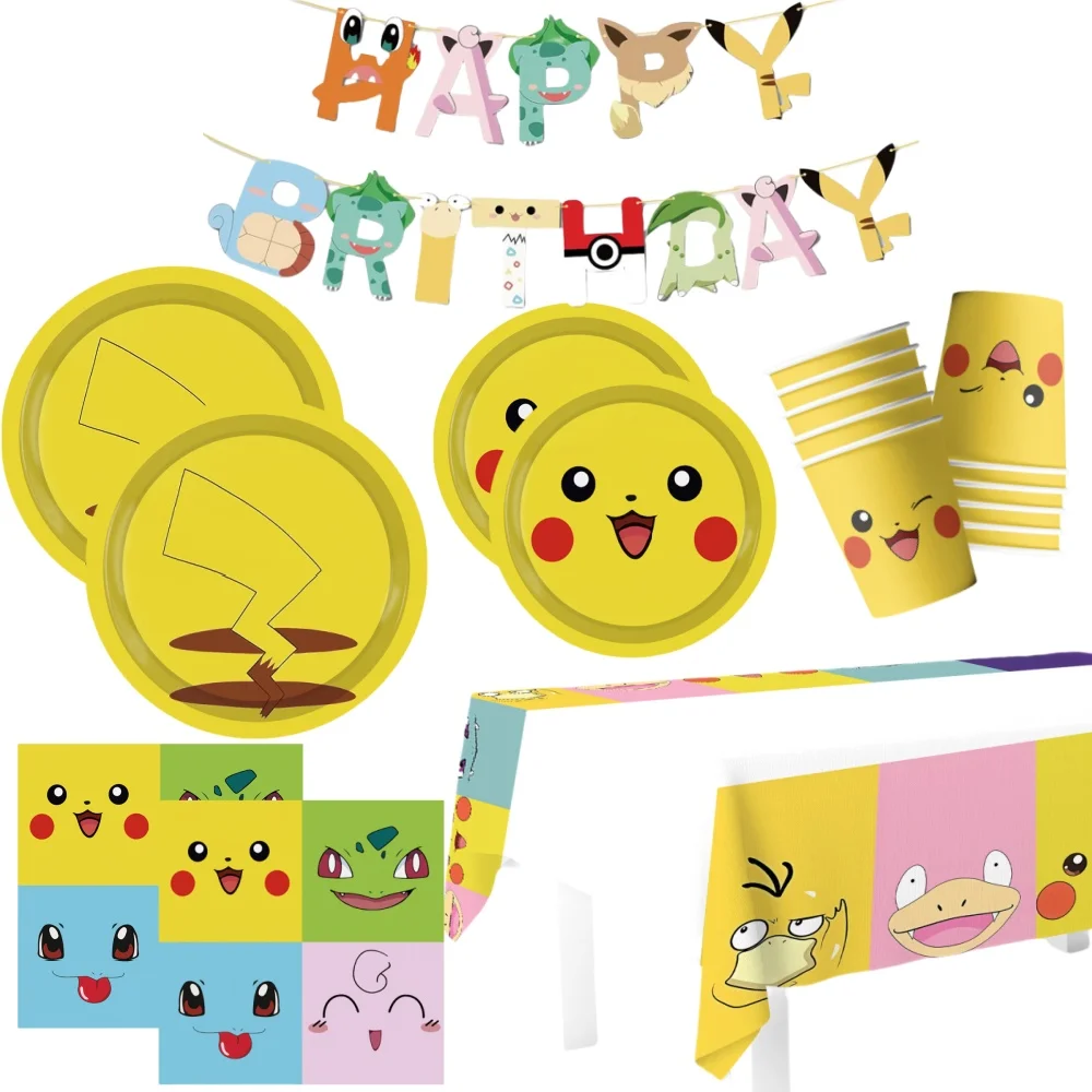 

Pokemon Birthday Party Decoration Disposable Tableware Set Pikachu Paper Cup Napkin Tablecloth Banner Baby Shower Event Supplies