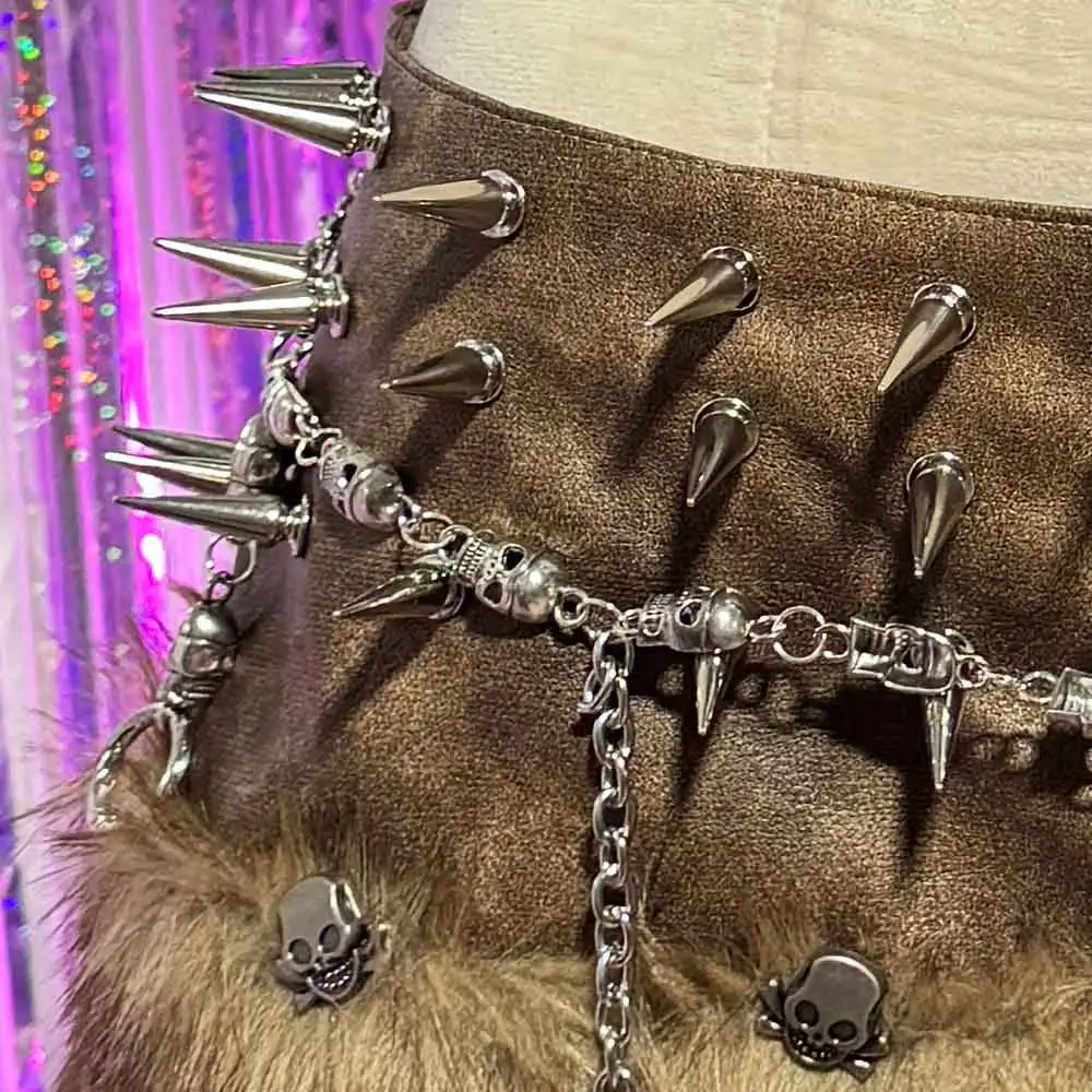 原宿系 カワイイ ティーン Y2K ヴィーガンレザー エモ スタッズ付き リベット エコ ゴス パンク ロック スタッズ付き ゴシック フェイクファー スカート グランジ ハンドメイド