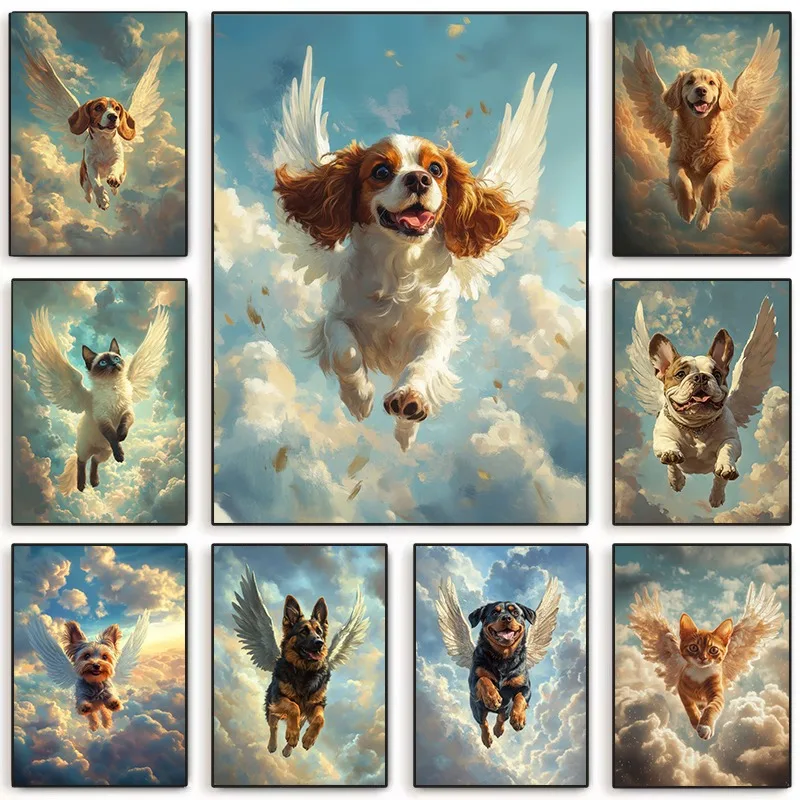 Animal Angel Wings Funny Flying Cat Dog Poster Yorkshire Rottweiler Dogs Siamese Bengal Cats Canvas Picture Wall Bedroom Decor