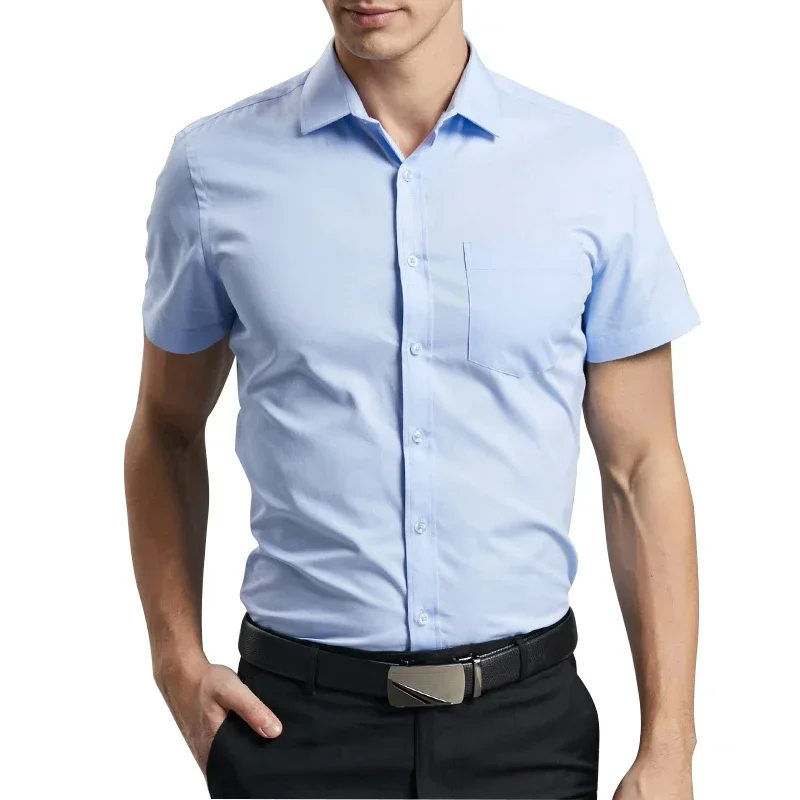 High Quality Summer Men Plus Size Short Sleeve Dress Shirt Single Patch Pocket Standard-fit Business Formal Casual White Shirts